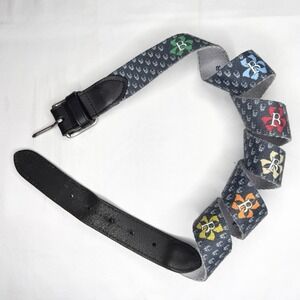 Peter Millar Men 38 Needlepoint Woven Belt Leather Golf Club B Logo Skull Black